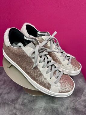 P448 John W. IYKYK - Sparkly glitter ✨ rose gold  lace-up sneakers w/suede trim!